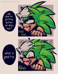 1boy aged_up anthro archie_comics blowjob blush chest choking_on_cock choking_on_dildo choking_on_penis claws compliment dialogue dildo drool drooling embarrassed floating_hands green_fur hedgehog male male_only mammal mobian mobian_(species) naked no_clothes panels patreon patreon_artist patreon_link peach_fur petting praise purring scars scars_on_chest scourge_the_hedgehog sega sex_toy sharp_teeth solo solo_focus solo_male sonic_(series) sonic_the_hedgehog_(series) strap-on strapon tears text text_bubble toy