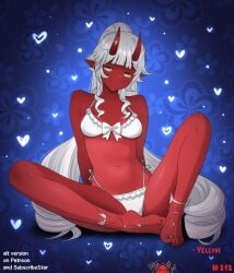 1girl akumi barefoot blue_background bra breasts bug cleavage heart heart_background horns insect long_hair looking_at_viewer medium_breasts navel oni oni_horns panties pointy_ears red_oni red_skin sitting skin-covered_horns smile solo toes underwear very_long_hair vyugen white_bra white_hair white_panties