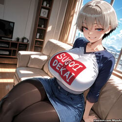 1girl ai_assisted ai_generated bangs blue_eyes blush breasts clothes_writing curvaceous curvy curvy_female curvy_figure denim denim_skirt eyebrows_visible_through_hair female grin hair_between_eyes huge_breasts indoors long_sleeves looking_at_viewer miyuai pantyhose raglan_sleeves romaji_text shirt short_hair sitting skirt smile solo thick thick_ass thick_butt thick_hips thick_legs thick_thighs thighs uzaki-chan_wa_asobitai! uzaki_hana voluptuous voluptuous_female wide_hips wide_thighs window