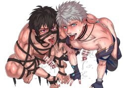 2boys after_kiss bar_censor barefoot bdsm black_bandages black_hair blue_eyes blue_gem blush bound censored commentary_request commission cum earrings embarrassed face-to-face fingerless_gloves gay gay_male gem gloves jewelry kai_(jae) kneeling large_pectorals looking_at_another male_focus manly multiple_boys muscular muscular_male nude open_mouth original pectorals penis pet_play red_eyes saliva saliva_trail shirt short_hair shy simple_background squatting sweat teigi_satou teigioi testicles tongue tongue_out torn_clothes white_hair white_shirt yaoi zayl_(jae)