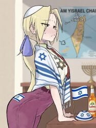 1girls ai_generated artist_request blonde_hair curvy english_text fully_clothed green_eyes indoors israeli jewish jewish_female sweating