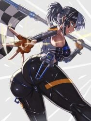 1girl ass_focus flag flagpole hip_windows maruko33517863 mayumi_hashimoto multicolored_hair persona persona_5 persona_5:_the_phantom_x phantom_thief_suit race_queen skintight_bodysuit streaked_hair twintails white_streak_hair
