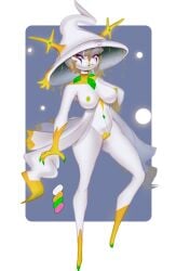 arceus blonde_highlights breasts clothing color_swatch dress facial_markings female gardevoir gem generation_3_pokemon generation_4_pokemon ghost golden_markings green_gem hagalazd hair hat head_markings headgear headwear hi_res highlights_(coloring) horn humanoid hybrid jewelry legendary_pokemon looking_at_viewer markings mismagius multicolored_hair nintendo pink_eyes pokemon pokemon_(species) solo spirit spooky stern_look white_body wilda_(nickzilla) witch_hat yellow_markings