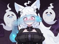 1girls ai_generated animal_ears belladonna_ck big_breasts breasts female fox_ears fox_girl ghost ghost_girl hispanic_virtual_youtuber indie_virtual_youtuber large_penis latam_virtual_youtuber light-skinned_female light_skin long_hair penis_on_face pookyboo purple_eyes vtuber white_hair