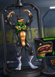 2020 absurd_res ankles_tied anthro athletic athletic_anthro athletic_male bdsm black_latex bondage bound canid canine collar dated front_view full-length_portrait fur green_collar green_eyes green_harness grey_body grey_fur hands_tied harness hi_res hufnaar internal latex latex_transformation liquid_latex male male_anthro mammal markings open_mouth orange_latex portrait red_markings scientific_experiment solo standing transformation white_body white_fur