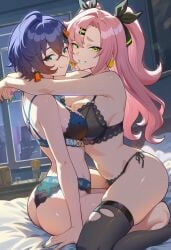 2026 2girls ai_generated alternate_costume arms_around_neck bed bedroom belle_(zenless_zone_zero) big_ass big_breasts big_butt big_thighs black_lingerie blue_hair exposed_ass exposed_breasts exposed_midriff exposed_shoulders female female_focus female_only green_eyes hoyoverse light-skinned_female light_skin lingerie lingerie_only long_hair looking_at_viewer lunealter mature_female medium_breasts mihoyo multicolored_eyes multicolored_hair multicolored_nails nicole_demara night on_bed partially_clothed pink_hair sfw short_hair sitting_on_bed smile thick_ass thick_butt thick_hips thick_legs thick_thighs uncensored yuri zenless_zone_zero