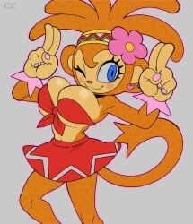 1girl ;) amiga animal armpits ass bandeau blue_eyes blush body_fur bra breasts bursting champchidi cleavage earrings female_focus flower front-tie furry gesture hairband highres jewelry midriff miniskirt monkey monkey_girl navel one_eye_closed ornament pink_nails red_skirt samba_de_amigo sega skirt smile solo standing strapless_top tail underwear up v wink