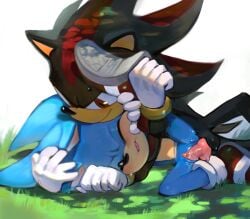 1boy 1cuntboy black_fur blue_fur cuntboy eulipotyphlan eyes_closed grass knot knotted_penis on_ground pinklilim red_eyes rosy_cheeks shadow_the_hedgehog smirk sonic_(series) sonic_the_hedgehog sonic_the_hedgehog_(series) spread_legs tongue_out vagina vaginal_penetration white_background yaoi