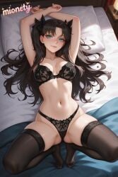 1girl ai_generated alternate_breast_size aqua_eyes armpits arms_up artist_name ass_visible_through_thighs bare_shoulders bed bed_sheet black_bra black_hair black_panties black_ribbon black_thighhighs blue_eyes blush bow bra breasts brown_hair character_name cleavage closed_mouth collarbone earrings fate/stay_night fate_(series) feet full_body groin hair_bow hair_ribbon highleg indoors jewelry lace lace-trimmed_bra lace-trimmed_legwear lace-trimmed_panties lace_bra lace_trim large_breasts lingerie lips long_hair looking_at_viewer lying medium_breasts mionety navel no_shoes on_back on_bed panties parted_bangs parted_lips pillow ribbon skindentation smile solo spread_legs stomach thighhighs thighs tohsaka_rin twintails two_side_up underwear underwear_only