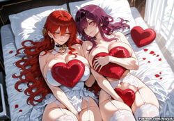 2girls ai_assisted ai_generated bangs bare_shoulders bed blush breasts choker cleavage curvaceous curvy curvy_female curvy_figure earrings female garter_belt garter_straps gloves hair_between_eyes heart heart-shaped_box heart_pillow himeko_(honkai:_star_rail) honkai_(series) jewelry kafka_(honkai:_star_rail) lingerie long_hair looking_at_viewer lying miyuai multiple_girls on_back petals pillow purple_eyes purple_hair red_eyes red_hair rose_petals smile take_your_pick thick thick_ass thick_butt thick_hips thick_legs thick_thighs thighhighs underwear valentine voluptuous voluptuous_female white_legwear wide_hips wide_thighs yellow_eyes yuri