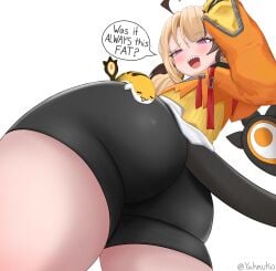 1girls ass_focus confused dutch_angle from_behind from_below gigi_murin gigi_murin_(1st_costume) grem_(gigi_murin) hololive hololive_english_-justice- huge_ass looking_back open_mouth sharp_teeth thick_ass thick_thighs virtual_youtuber wide_hips yahnuko