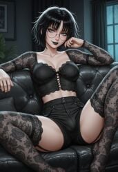 ai_generated black_hair black_lipstick blindparty breasts bulge futanari garter_straps glasses goth gray_eyes indoors living_room short_hair short_shorts smile stockings
