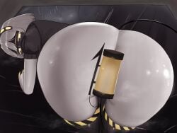 1girls ass ass_focus bending_over censored clothing female female_only first1.01 glitch_productions looking_back murder_drones robot robot_girl robot_humanoid silver_hair solo solo_female thick_ass v_(murder_drones) yellow_eyes