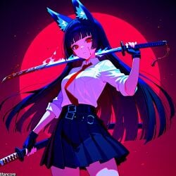 (titancore) ai_generated animal_ears beautiful black_hair blood blood_moon blood_on_face female fox_ears fox_girl fox_humanoid girl hime_cut holding_weapon hoshimi_miyabi katana kitsune long_ears long_hair monster_girl red_eyes thiren video_game_character zenless_zone_zero