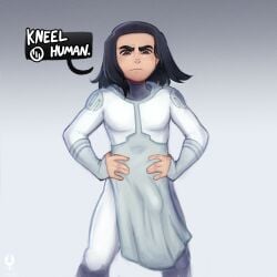 1boy black_hair bodysuit bulge_under_clothes dark_circles dark_eyes digital digital_drawing_(artwork) dominant_male evil hands_on_hips invincible invincible_(tv_series) large_cock long_hair male male_only oliver_grayson pov pov_female rendered skirt superhero_costume text_bubble twink villain viltrumite viltrumite_uniform