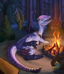 2_penises amber_isle animal_genitalia anus bag campfire dilophosaurid dilophosaurus dinosaur erection feral fire genital_slit genitals hi_res looking_at_viewer lying male mirsathia_(artist) multi_genitalia multi_penis newt_fleetfoot on_side open_mouth penis plant prehistoric_species presenting presenting_penis reptile saurischian scalie scroll solo tail tapering_penis theropod tree