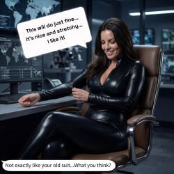 ai_generated beauty beautyful black_clothes black_clothing bodysuit bree_davenport brunette catsuit chair confident dark_eyes dark_hair davenport interview latex latex_clothing leather_gloves looking_at_viewer medium_breasts office old_version older_version perfect_skin photo_shoot simple_background sitting sitting_on_chair spandex speech_bubble staring staring_at_viewer stretching_clothes stretchy stretchy_fabric talking talking_to_viewer tight_clothes tight_clothing
