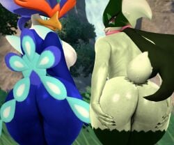 2girls absurd_res anthro anthrofied ass avian avian_humanoid big_ass big_butt blue_body blue_fur breasts felid feline generation_9_pokemon green_body green_fur looking_at_viewer looking_back looking_back_at_viewer meowscarada photo_manipulation photomorph pokemon_(species) presenting presenting_hindquarters pussy quaquaval rear_view roussil97 smile tail tail_feathers thick_ass thick_thighs wide_hips