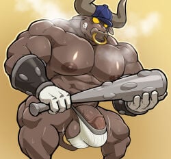 1boy abs absurdres bara baseball_bat blue_hat colored_sclera commentary commission cow_boy english_commentary face_piercing furry furry_male gloves hat highres holding holding_baseball_bat horns huge_pectorals maldu_(chokeylover) male_focus male_underwear musashibou_benkei_(yaiba) muscular muscular_arms muscular_male nipples no_pupils nose_piercing nose_ring oversized_clothes pectorals penis piercing solo steaming_body tail testicles undersized_clothes underwear variant_set yaiba yellow_sclera