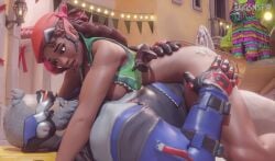 1boy 1girls 3d age_difference blizzard_entertainment breasts breasts_out cum cum_on_body dark-skinned_female eggsnsfw half-dressed implied_sex jack_morrison long_hair looking_at_partner nipples overwatch penis sex sierra sierra_(overwatch) soldier_76 tagme