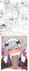 ariane_the_labrynth_servant before_and_after black_and_white blowjob blush brother_acorn censored dark-skinned_male demon demon_girl demon_horns duel_monster erect_penis female female_focus fringe horny_female interspecies konami maid maid_headdress maid_uniform mischievous_smile pointy_ears red_eyes scared short_hair silver_hair stunned sucking sucking_penis surprised sweatdrop twintails younger_female yu-gi-oh!