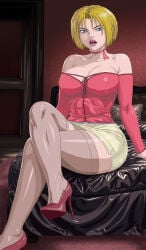 1girl bedroom bible_black bible_black_new_testament blonde_hair blue_eyes breasts door huge_breasts kitami_reika large_breasts lipstick neck_ribbon night red_dress shin_bible_black short_hair voluptuous_female witch