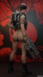 3d armor ass boots bottomless butt casual_exposure casual_nudity exhibitionism gears_of_war gun kait_diaz lancer latina looking_back looking_back_at_viewer looking_pleasured