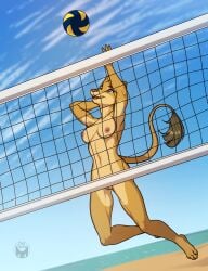 anthro areola ball beach breasts casual_nudity digital_media_(artwork) feet felid female fur genitals inktiger jumping lion mammal net nipples nude outdoor_nudity outside pantherine sand seaside sky smile solo sport tail toes volleyball volleyball_(ball) volleyball_net vulva water