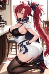 1girl ai_generated armpits ass azur_lane bangs black_bra black_legwear blush bra breasts cleavage collarbone dress garter_straps gloves hair_between_eyes hair_ribbon hi_res high_heels high_quality high_resolution holding indoors jacket jacket_on_shoulders kiraamane kneeling lace lace-trimmed_bra large_breasts long_hair looking_at_viewer patreon ponytail red_eyes red_hair ribbon seductive sexy smile solo thighhighs thighs uncensored underwear watermark white_gloves wichita_(azur_lane) window