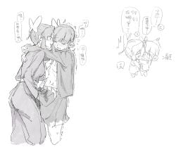 2girls arms_around_neck belt blush breasts butterfly_hair_ornament commentary_request demon_slayer_uniform fingering grabbing_another's_breast groping hair_ornament hickey highres jacket kimetsu_no_yaiba kochou_shinobu multiple_girls nipples ohmeowgodnya open_clothes open_jacket pleated_skirt side_ponytail skirt small_breasts smile speech_bubble sweat translation_request trembling tsuyuri_kanao yuri