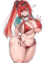 1girl absurdres aqua_hairband ass bikini black_choker breasts choker closed_mouth clothes_lift commentary_request curvy gamjasssak goddess_of_victory:_nikke hair_intakes hairband heart high_ponytail highres huge_ass huge_breasts korean_commentary long_hair looking_at_viewer navel official_alternate_costume official_alternate_hair_color official_alternate_hairstyle ponytail rapi_(nikke) rapi_(red_hood)_(nikke) rapi_(red_hood)_(red_flavor)_(nikke) red_bikini red_eyes red_hair shirt shirt_lift side-tie_bikini_bottom simple_background smile solo speech_bubble string_bikini sweat swimsuit v wet wet_clothes wet_shirt white_background