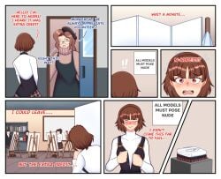 art_studio blush brown_hair comic dialogue embarrassed embarrassed_nude_female enf english_text female female_focus makoto_niijima naked nude nude_female nude_model nude_modeling orangemint_4444 persona persona_5 school short_hair uc-four