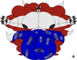 anthro areola asian_mythology balls_outline big_bulge big_hands big_muscles big_pecs biped bottomwear bulge canid canine clothed clothing detailed_bulge digital_media_(artwork) east_asian_mythology fingers fox fox_spirit fur genital_outline hair hi_res hug huge_bulge huge_hands huge_muscles huge_pecs hyper hyper_bulge hyper_muscles hyper_pecs looking_at_viewer male male_anthro male_only mammal mimic12455 multi_tail muscular muscular_anthro muscular_male mythology nipples open_mouth pants pattern_clothing pawpads paws pecs smile solo tail teeth topless wide_stance
