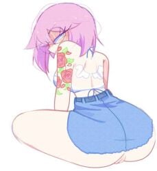 1girl 1girls ass blue_eyes blush clothed custardcee exposed_pussy female female_only glasses jeans levi_(mistercakerz) looking_back mistercakerz pink_hair pussy ripped_clothing shoulder_blades shoulders solo_female tattoo thighs vulva white_skin