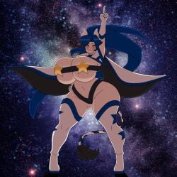 :3 belt blue_hair breast_expansion cape galaxy horns index_finger_raised long_hair ponytail pose posing red_eyes slit_pupils takano_(artist) tengen_toppa_gurren_lagann thick_thighs thighhighs wide_hips yoko_littner_(cosplay)