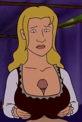 1boy 1boy1girl 1girls accurate_art_style big_boobs big_breasts blonde_hair blue_pants brown_dress caucasian_female cleavage female king_of_the_hill milf outdoors_sex paizuri pov sad_face sex titfuck titjob_under_clothes wench white_sleeves