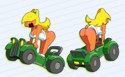 1girl ass bare_shoulders bent_over blonde_hair bottomless breasts car cleavage clothes_lift driving female_focus furry green_eyes ground_vehicle hair_over_eyes highres huge_ass kart koopa koopa_girl large_breasts long_hair mario_(series) mario_kart mario_kart_world minus8 motor_vehicle narrowed_eyes nintendo open_mouth pussy shirt shirt_lift shoes short_tail shorts simple_background sleeveless smile solo spread_legs tail tank_top vehicle white_background