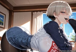 1girl ai_assisted ai_generated ass bangs bent_over black_legwear blue_eyes blush breasts curvaceous curvy curvy_female curvy_figure denim denim_skirt eyebrows_visible_through_hair fellatio female hair_between_eyes indoors jewelry large_breasts licking looking_at_viewer miniskirt miyuai open_mouth pantyhose saliva see-through sexually_suggestive shirt short_hair skirt solo thick thick_ass thick_butt thick_hips thick_legs thick_thighs tongue tongue_out uzaki-chan_wa_asobitai! uzaki_hana voluptuous voluptuous_female wet wet_clothes wide_hips wide_thighs window