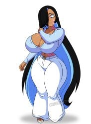 2025 2025s big_boobs big_breasts big_hips big_thighs big_tits black_and_blue_hair black_hair blue_eyes blue_hair blue_iris boobs_bigger_than_head breasts_bigger_than_head butt_bigger_than_head clothed_female curvy_figure female_only female_solo grabbing_hair grace_(mg231101778) hair_covering_eye hair_over_one_eye hourglass_figure huge_boobs huge_breasts huge_hips huge_thighs huge_tits long_hair m.grace mg231101778 original_character sandals scars simple_background tanned-skinned_female tanned_female tanned_skin tanned_skinned_female white_pants wide_hips