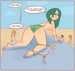 6+girls colored ever_given excavator excavator-kun female female_focus female_only giantess green_hair green_swimsuit half_naked hard_hat humanized multiple_girls red7cat russian_text shovel suez_canal swimsuit tagme text topless topless_female translated water