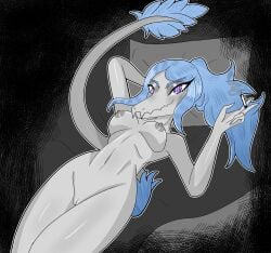 abstract_background absurd_res anthro areola background_character bedroom_eyes blue_body blue_feathers blue_hair blush breasts cigarette dinosaur dromaeosaurid feathered_tail feathers female fingers front_view genitals goodbye_volcano_high gothgator0 grey_body hair hana_li_(gvh) hi_res holding_cigarette holding_object humanoid_genitalia humanoid_hands humanoid_vulva ko_op_(game_developer) long_hair long_tail looking_at_viewer lying medium_breasts narrowed_eyes navel nipples non-mammal_breasts non-mammal_navel non-mammal_nipples nude nude_anthro nude_female on_back pillow pinup portrait pose prehistoric_species purple_eyes reptile restricted_palette saurischian scalie seductive smile smirk smoke solo tail theropod three-quarter_portrait velociraptor vulva