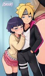 1boy 1girl ass black_hair black_thighhighs blonde_hair blue_eyes blush boruto:_naruto_next_generations boruto_(series) brother_and_sister clothes_lift facial_mark grabbing_another's_ass groping headband highres hood hoodie incest jewelry loodncrood medium_hair naruto_(series) necklace pants shirt siblings skirt skirt_lift smile thighhighs thighs uzumaki_boruto uzumaki_himawari