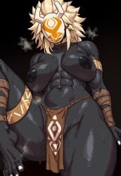 ai_generated big_breasts black_body breasts casual_exposure faceless_female female female_hilichurl genshin_impact hair hilichurls_(species) mask masked_female monster muscular muscular_female nipples simple_background solo standing sweat thick_thighs