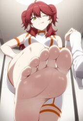 1girls ai_art ai_generated armband barefeet barefoot feet feet_focus feet_worship female_villain femdom foot foot_fetish foot_focus foot_worship freckles freckles_on_face ginger ginger_female ginger_hair gundam gundam_00 large_breasts mobile_suit_gundam nena_trinity one_eye_closed pale-skinned_female pale_skin red-haired_female red_hair redhead redhead_female redheaded_female shorts stud_earrings tongue_out twintails twintails_(hairstyle) villainess wristband yellow-eyed_female yellow_eyes