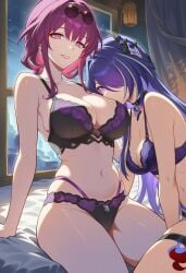 2026 2girls acheron_(honkai:_star_rail) ai_generated bed bedroom belly_button big_ass big_breasts big_butt big_thighs black_lingerie bra exposed_ass exposed_breasts exposed_legs exposed_midriff exposed_shoulders female female_focus female_only giant_breasts glasses honkai:_star_rail hoyoverse kafka_(honkai:_star_rail) lesbian light-skinned_female light_skin lingerie long_hair looking_at_viewer lunealter mature_female midriff mihoyo multicolored_hair night on_bed pale-skinned_female pale_skin partially_clothed purple_eyes purple_hair purple_lingerie sfw sitting_on_bed tattoo thick_ass thick_butt thick_hips thick_legs thick_thighs uncensored yuri