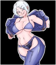 1girls angel_(kof) big_breasts bikini blue_eyes curvy huge_breasts king_of_fighters light-skinned_female light_skin open_clothes pale-skinned_female pale_skin panties short_hair smiley_face smiling standing thick undressing white_hair