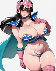 1girl ai_generated areola_slip armor bangs bikini_armor black_eyes black_hair blush boots breasts cape chi-chi_(dragon_ball) chichi choker cleavage curvy dragon_ball_z gloves helmet huge_breasts long_hair looking_at_viewer navel pink_gloves sakaro shoulder_armor simple_background skindentation smile solo sweat swimsuit thick_thighs thighhighs thighs