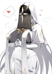 1girls absurdres black_veil bodysuit breast_curtains breasts capelet commentary_request faceless faceless_female gloves goddess_of_victory:_nikke highres large_breasts long_hair nun_headdress rin_koa01 solo standing v.t.c._priestess_(nikke) veil veil_over_eyes very_long_hair white_background white_capelet white_gloves white_hair