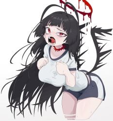 1girl angel angel_wings big_breasts blue_archive halo long_hair sharp_teeth sportswear sub-neamo thick_thighs tsurugi_(blue_archive) wings