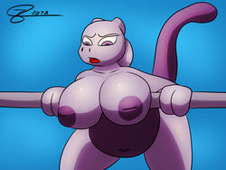 anthro belly big_belly big_breasts breasts female inverted_nipples j5furry legendary_pokémon mewtwo nintendo pokemon pokemon_(species) pregnant purple_eyes simple_background solo video_games